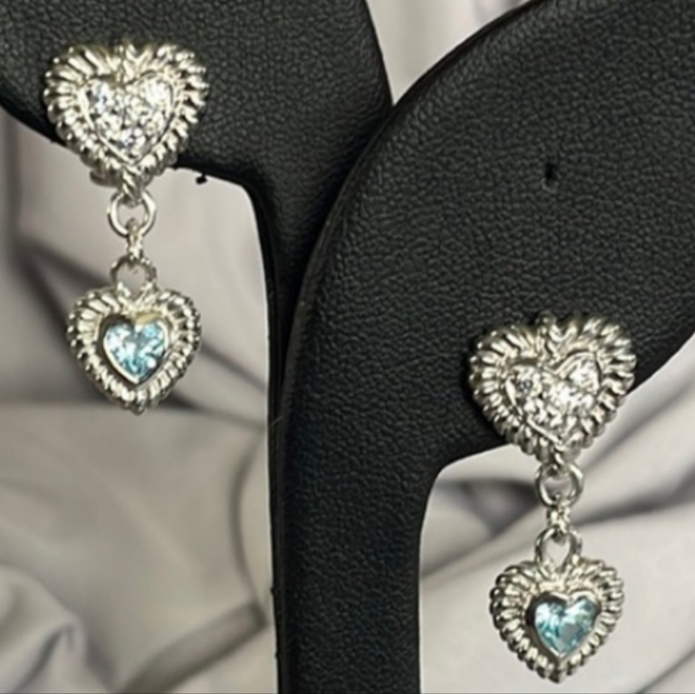 STUNNING Judith Ripka 925 SS Double Heart Blue Topaz/CZ Diamonique Earrings